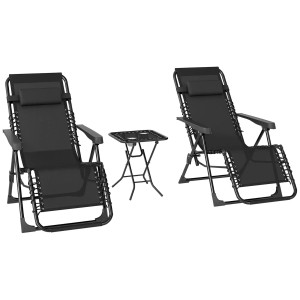 Outsunny Sonnenliegen-Set, schwarz, mit 2 Liegen und Tisch mit Getränkehaltern. Gartenmöbel für entspannte Stunden.