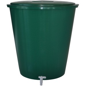 Grüne Regentonne mit Deckel und Hahn, 200 l Fassungsvermögen.