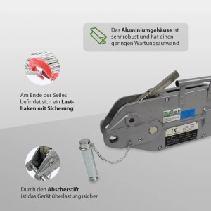 TRUTZHOLM Seilwinde 3200kg: Detailansicht mit Seil, Lasthaken und Abscherstift für sicheren Betrieb.