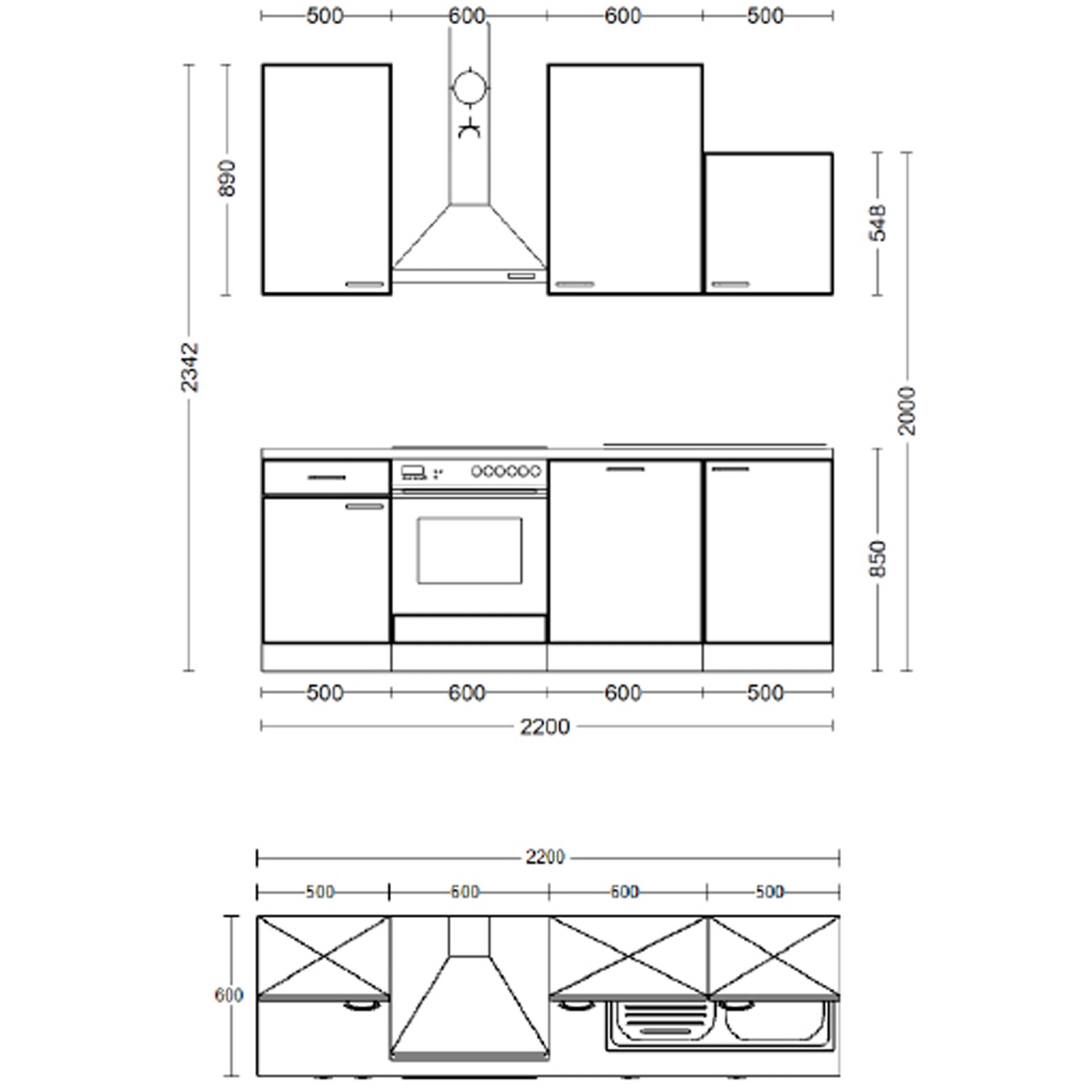 Skizze der Flex-Well Exclusiv Küche Cara in Schilfgrün/Artisan Eiche, 220 cm, mit Maßen. Einbauküche mit Elektrogeräten.