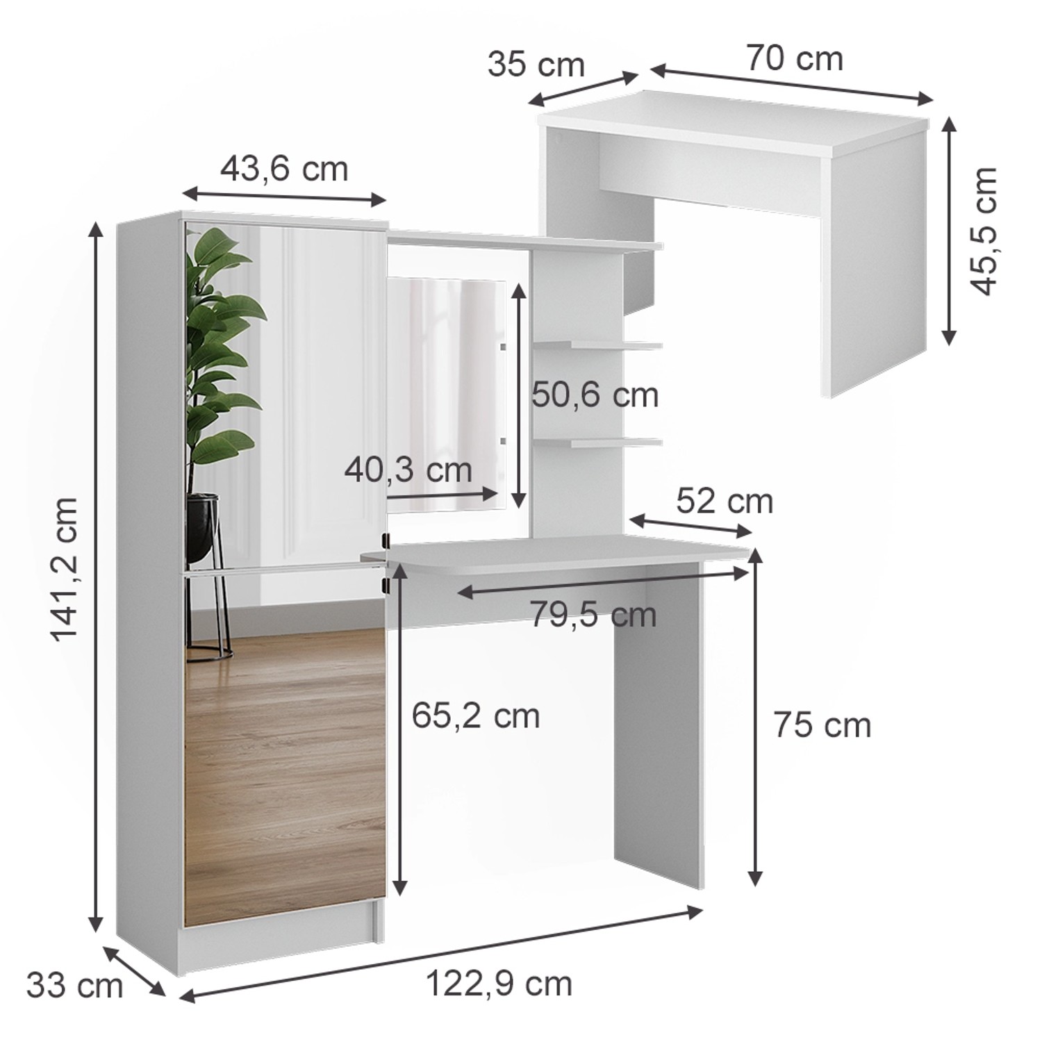 Vicco Frisierkommode Jasmin Weiß 123 x 141.2 cm mit Bank günstig online kaufen