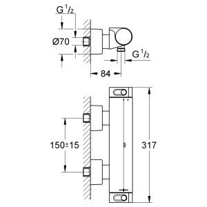 Technische Zeichnung: Grohe Grohtherm 2000 Thermostat-Brausebatterie DN 15 mit Maßangaben.