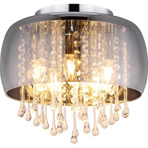 Chromfarbene Globo LED-Deckenleuchte Kalla mit rauchfarbenem Lampenschirm und Glaskristallen.