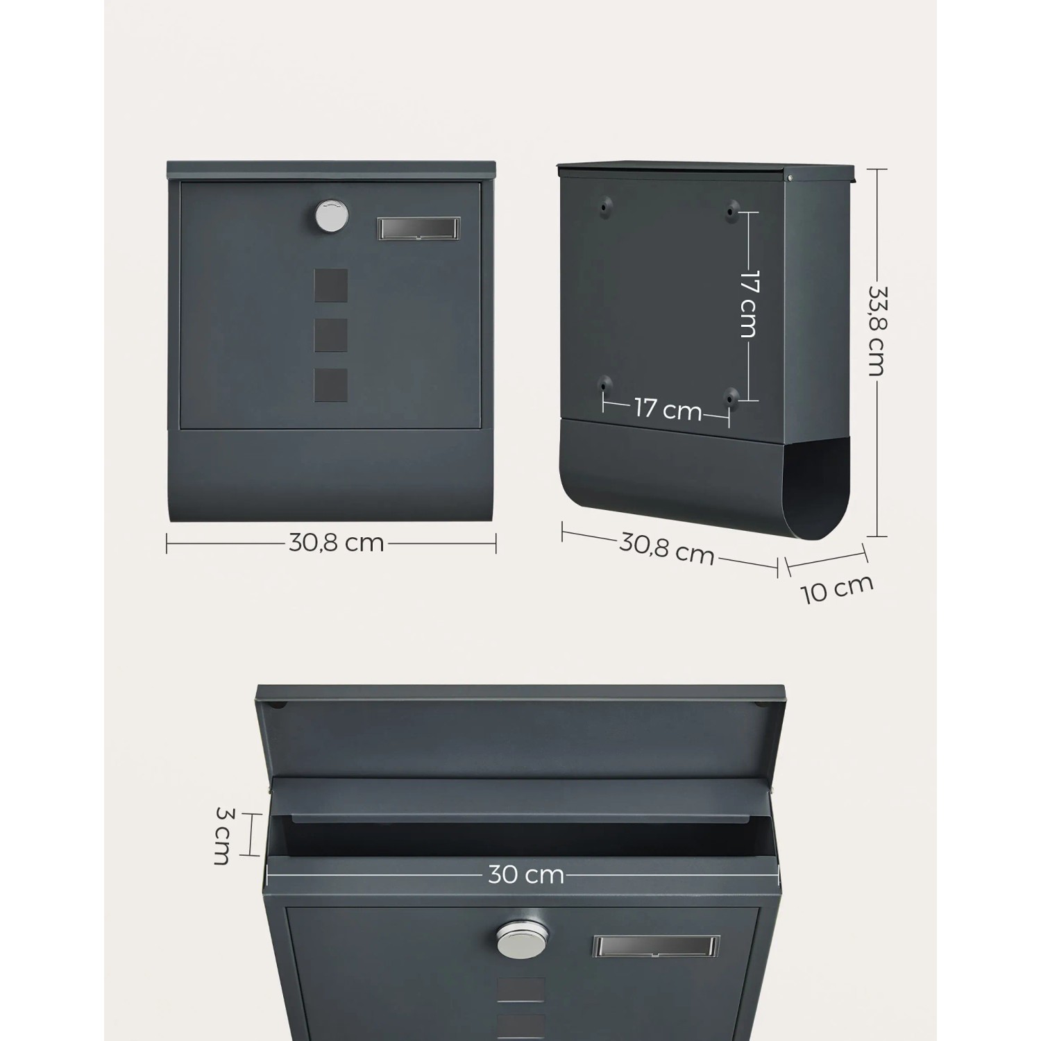 Songmics Wandbriefkasten, abschließbar, anthrazit, mit Maßen. Ideal für Post und Zeitungen.