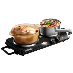 Schwarze Steinborg Doppelkochplatte mit Töpfen, ideal für Camping und Haushalt.