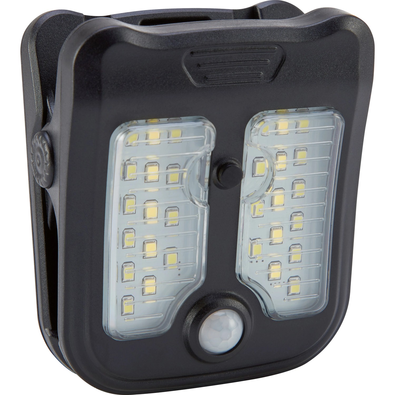 Schwarze Solar LED Gartenleuchte mit Clip-on und Bewegungsmelder.