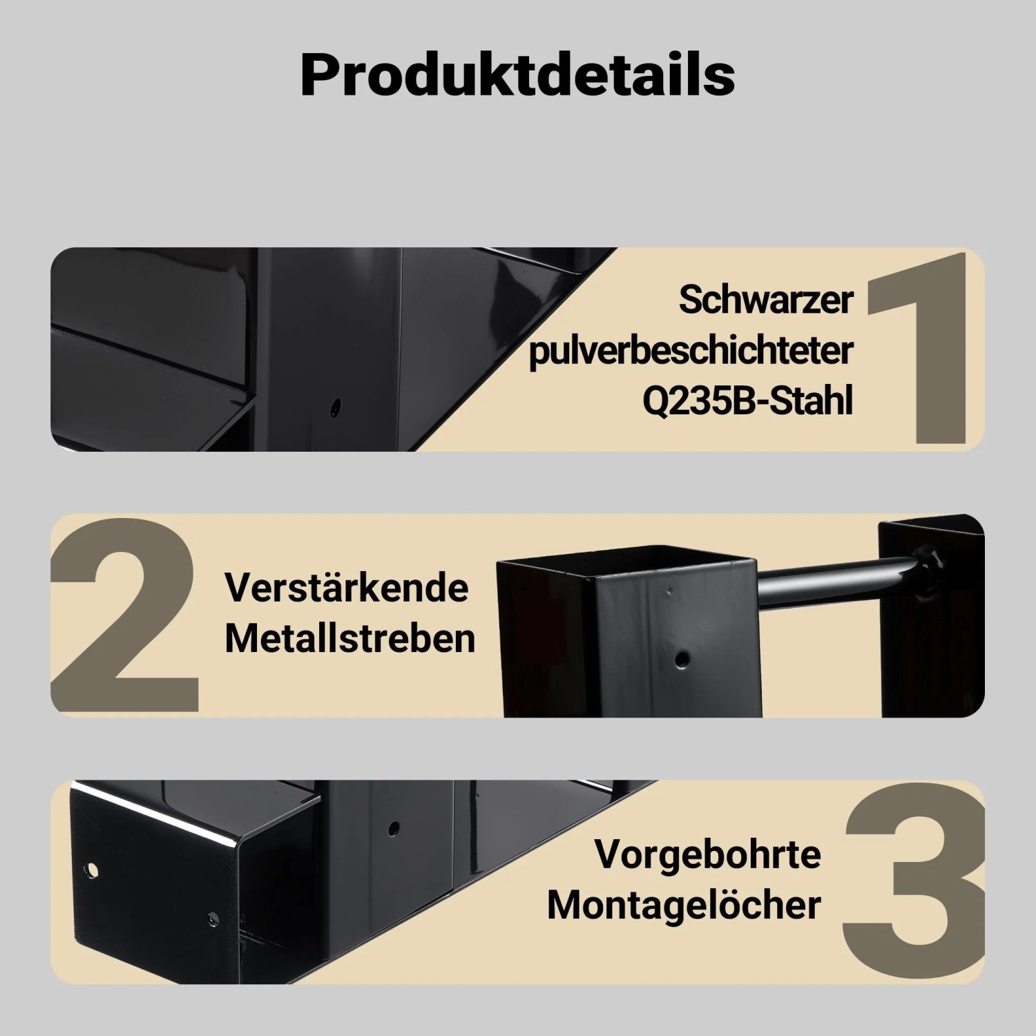 Wiltec Holzstapelhilfe Details: schwarzer pulverbeschichteter Stahl, verstärkte Streben, vorgebohrte Montagelöcher.
