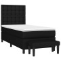 Schwarzes Boxspringbett 90x200 cm mit Matratze, Kopfteil und Bank.