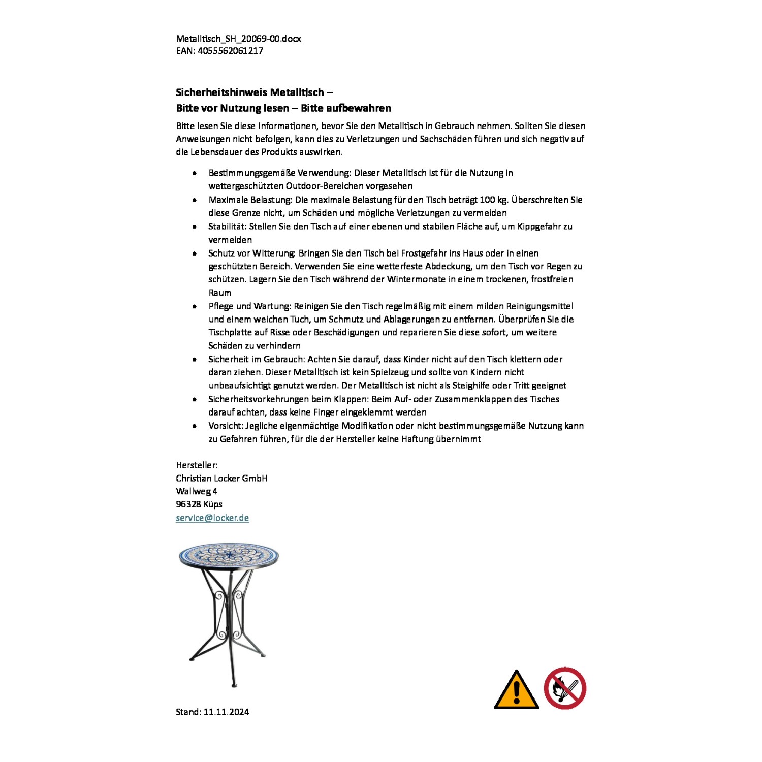 Kobolo Gartentisch mit Mosaikoptik in Weiß und Blau. Runder Metalltisch für Balkon und Garten.