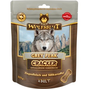 Wolfsblut Grey Peak Cracker Hunde-Belohnungssnacks mit Ziege & Süßkartoffel, 225g Packung.