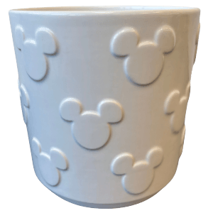 Weißer Keramik-Blumentopf mit Mickey Maus Relief, 14 cm hoch.