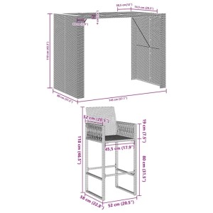vidaXL Gartenbar-Set, 5-teilig, schwarz, Rattan, Akazie, mit Maßangaben für Tisch und Stuhl.