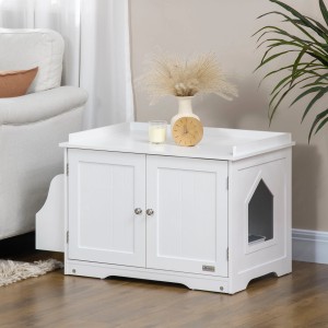 Weißer PawHut Katzenschrank mit Magnettüren als Wohnzimmerschrank für Katzentoilette.