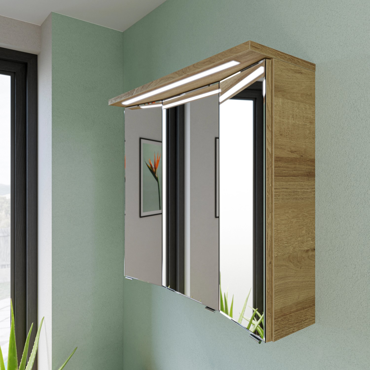 Pelipal Trentino Spiegelschrank mit Kranzleuchte, Riviera Eiche Dekor, Teil des Badmöbelsets.