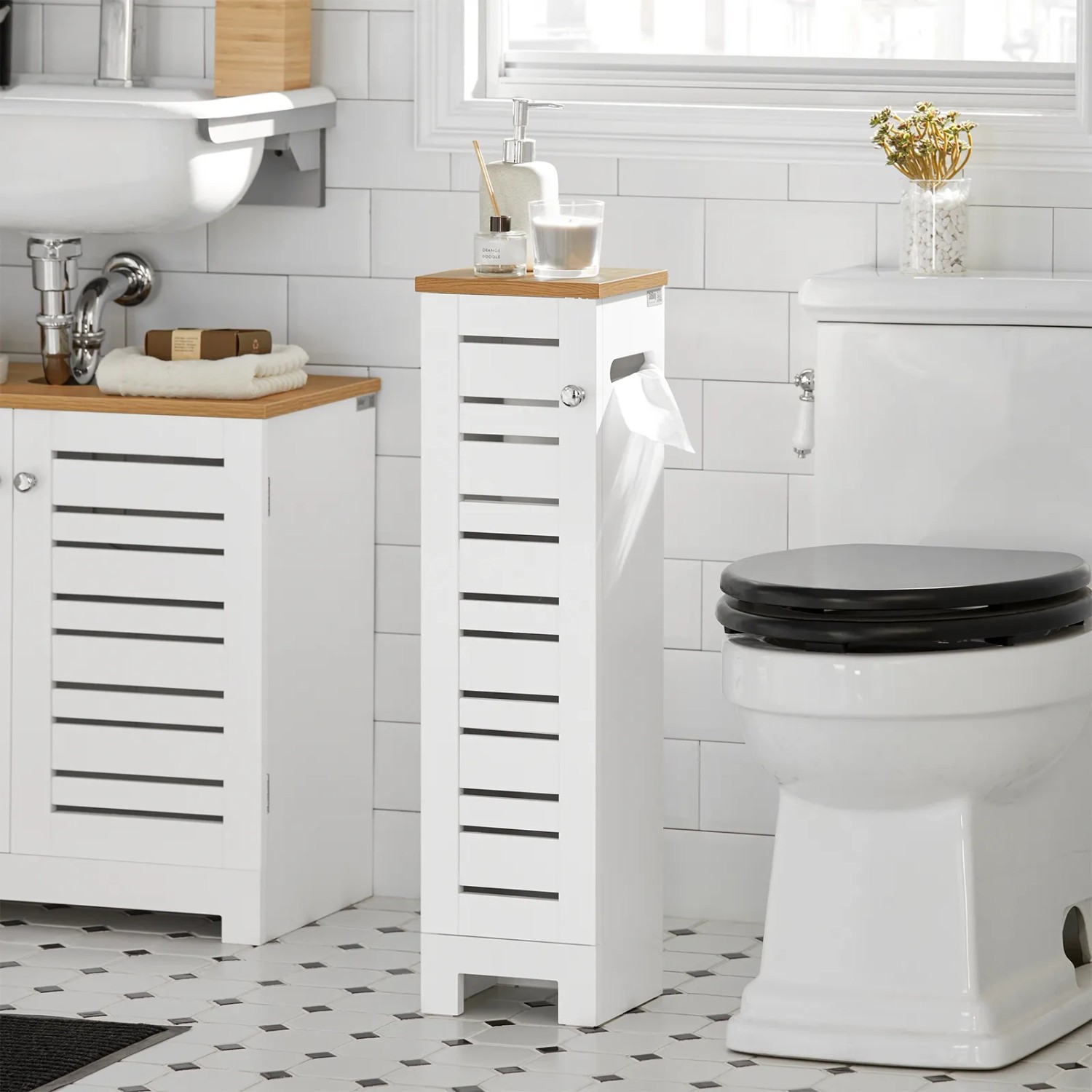 SoBuy Toilettenrollenhalter BZR85-W, weißes Bad-Standregal aus MDF mit Holzdeckel.