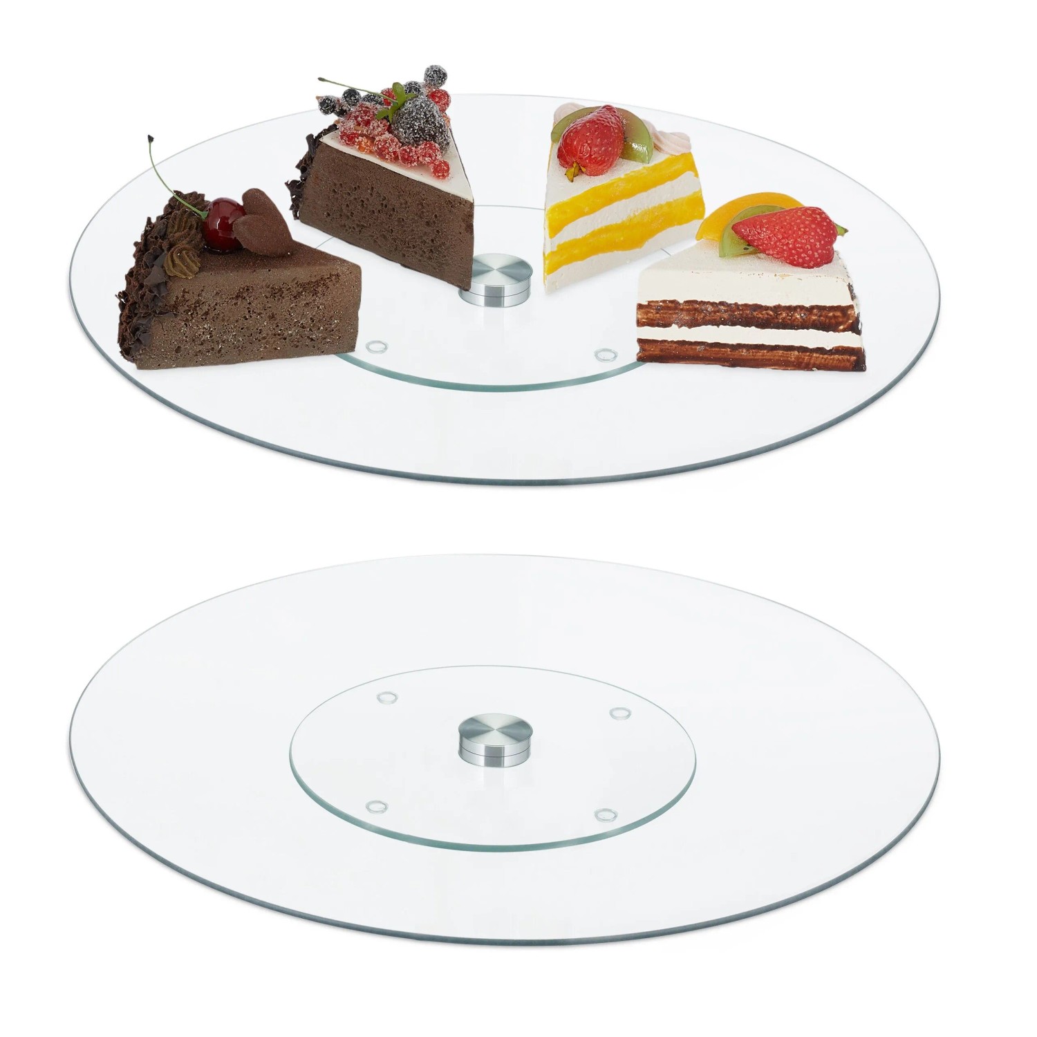 Relaxdays Tortenplatte 2er Set Glas Edelstahl Transparent Silber Drehbar Rutschfest 2 x Ø 30 cm 0,9 kg