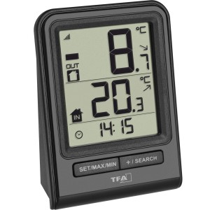 Schwarzes TFA Prisma Funk-Thermometer mit Außensender zeigt Innen- und Außentemperatur.