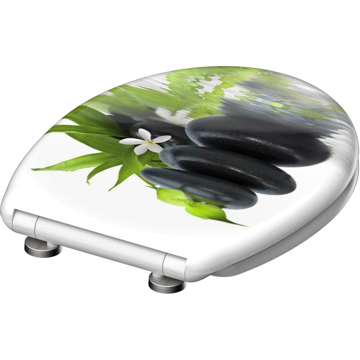 Schütte WC-Sitz Jasmin mit Absenkautomatik und Motivdruck aus Steinen und Blättern.