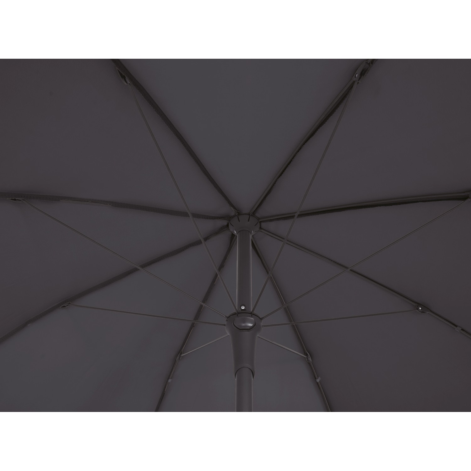 Ansicht von unten: Anthrazitfarbener Marktschirm (Ø 200 cm) mit Stahlgestell und Neigungsfunktion.