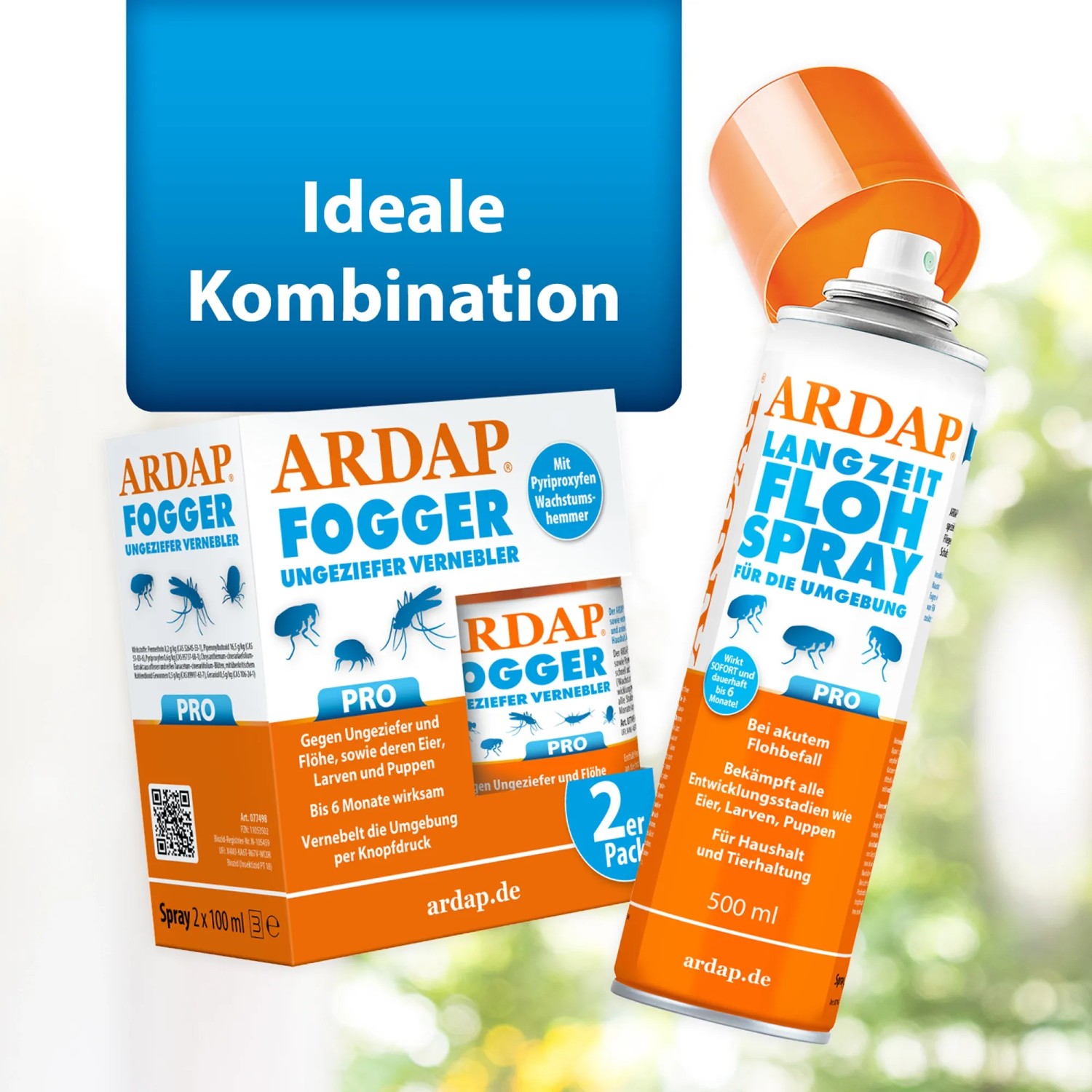 Ardap Ungezieferspray-Set Pro Fogger, 2x100ml + 500ml Flohspray für die Umgebung.