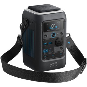 Kompakte, schwarze Anker SOLIX C300X Powerstation mit Display, USB-C Anschlüssen und Trageriemen.