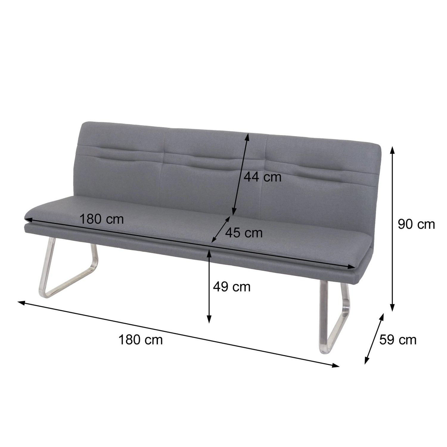 Grau-braune MCW Sitzbank H70, 180 cm, mit Edelstahlgestell. Garderobenbank mit Ziernähten und Maßangaben.