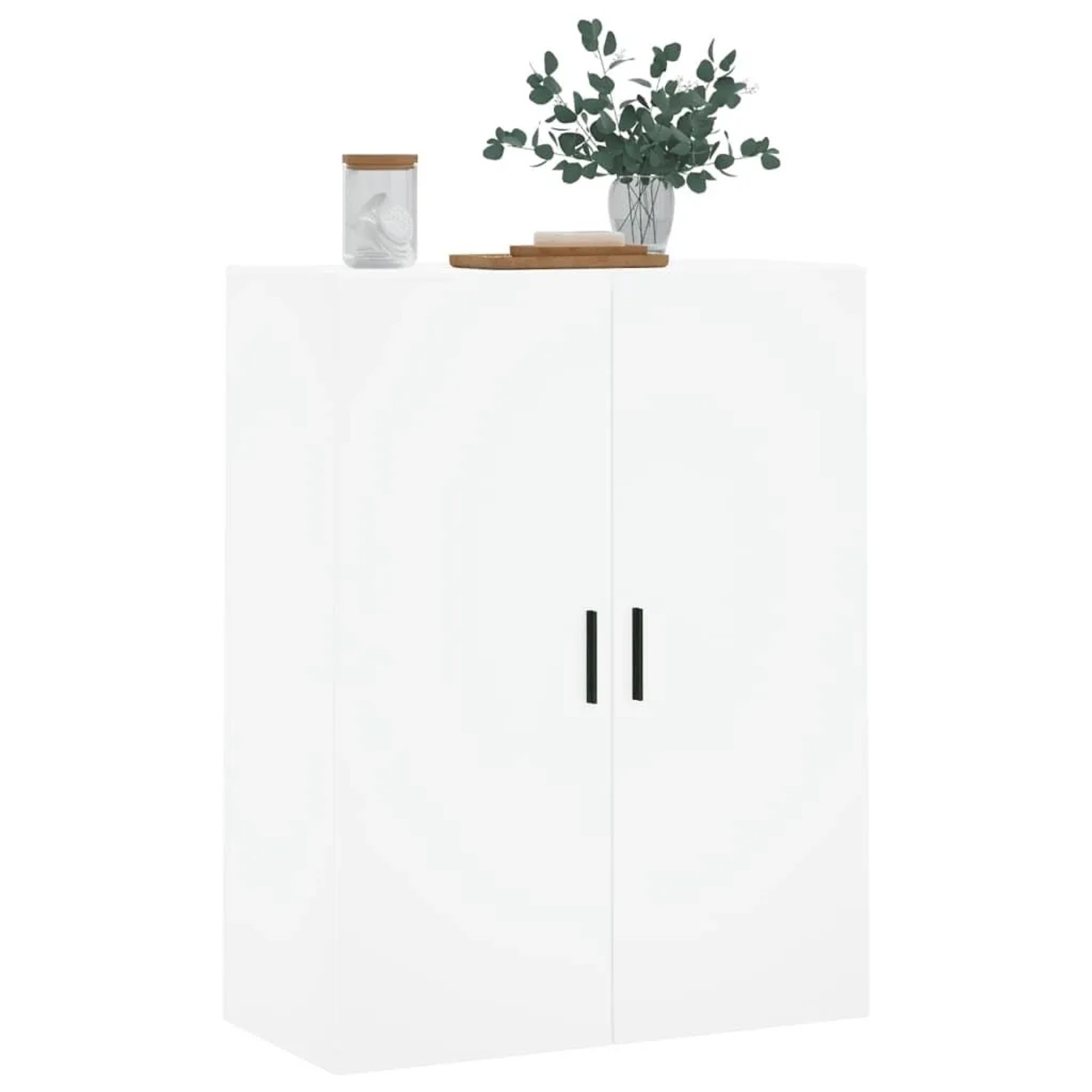 Weißer vidaXL Wandschrank mit zwei Türen, schwarzen Griffen, dekoriert mit Pflanze und Glasgefäß. Ideal für Wohnzimmer.