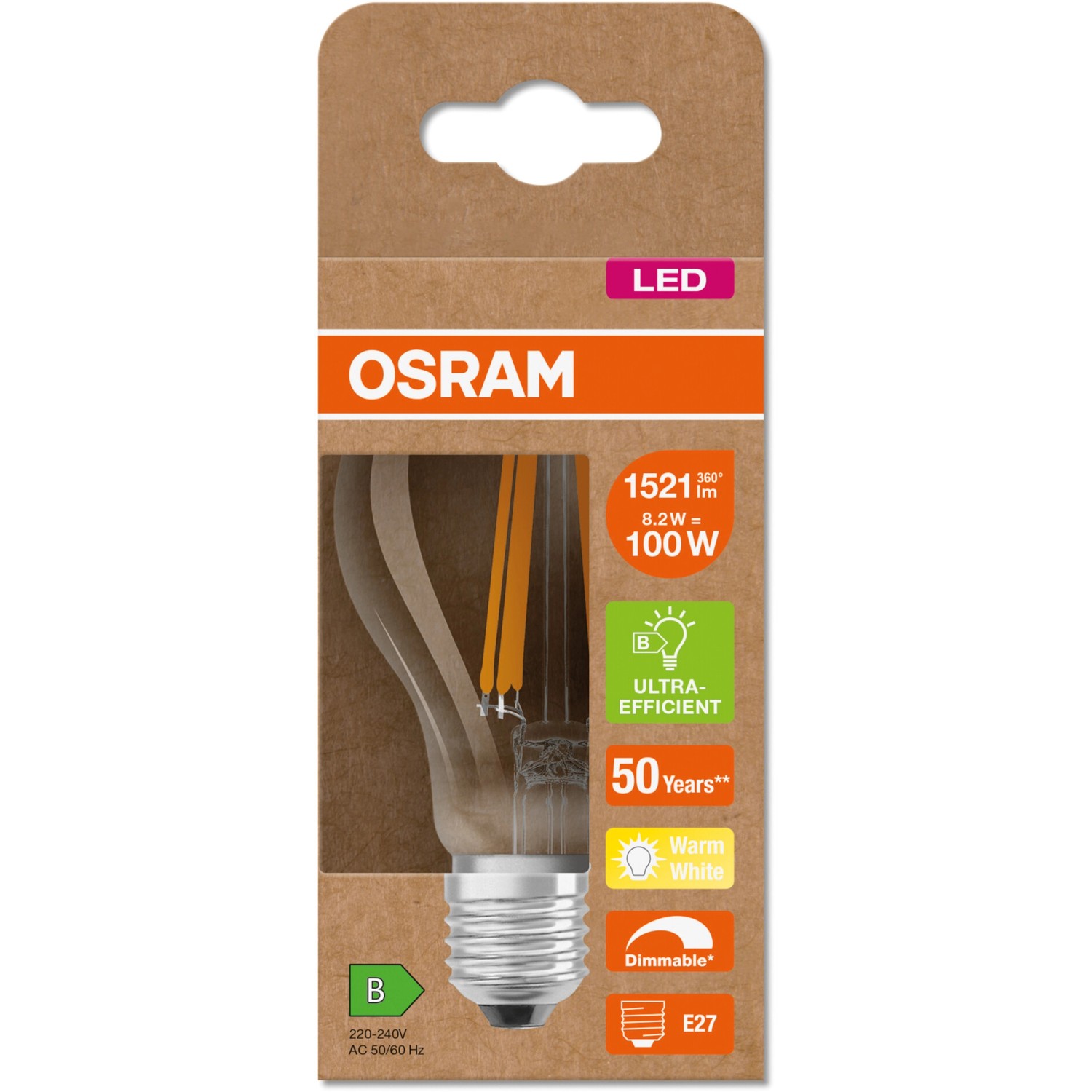 Osram LED-Lampe E27, 8,2W, 1521lm, Glühlampenform, klar, warmweiß.