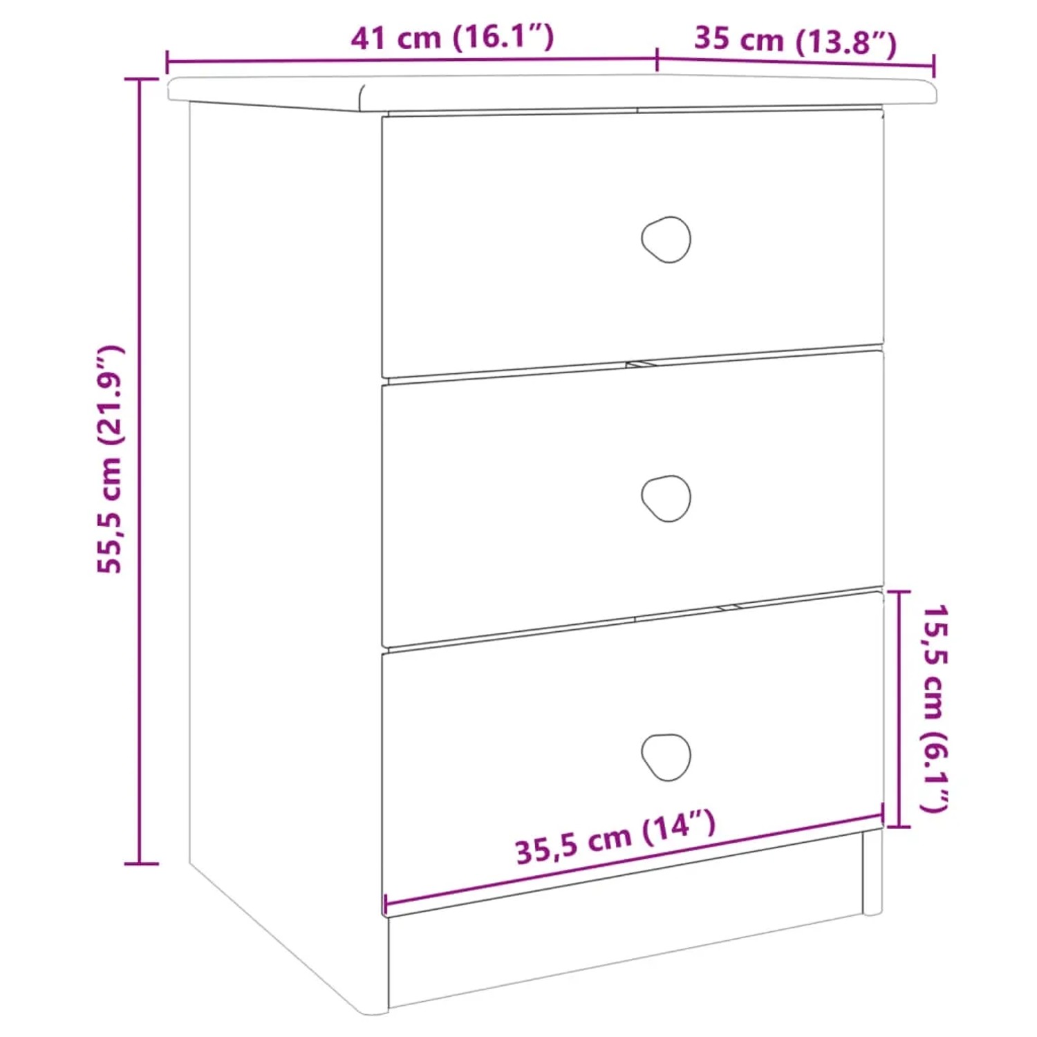 vidaXL Nachttisch ALTA aus Kiefer Massivholz mit 3 Schubladen, 41x35x55 cm.