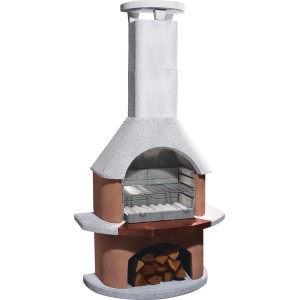 Buschbeck Gartengrillkamin San Remo in Weiß-Terrakotta mit Grillrost und Holzlager.