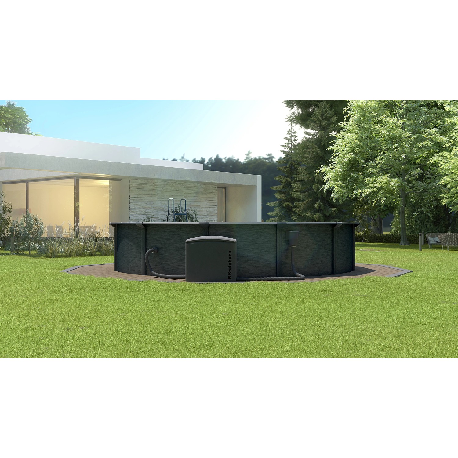 Steinbach Pool Technikbox neben Pool im Garten. Technikhaus für Filter und Pumpe.