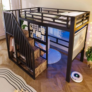 Schwarzes Metall-Hochbett 90x200cm mit integrierter Aufbewahrungstreppe, LED-Beleuchtung und seitlichem Gitter.