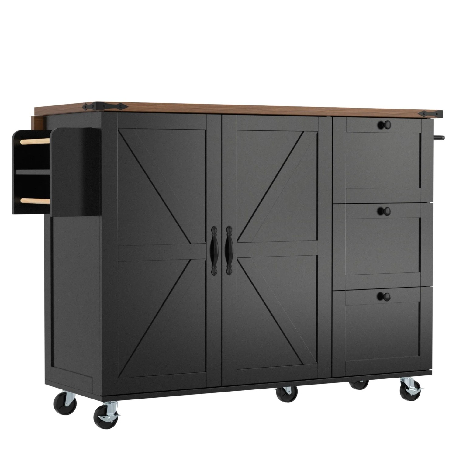 okwish Kücheninsel mit Ausziehbar Arbeitsplatte 3 Schubladen Küche 140x73x92cm Schwarz