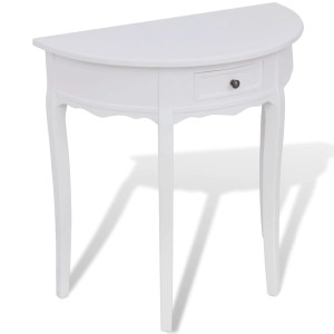 Weißer halbrunder Konsolentisch mit Schublade aus MDF und Kiefernholz. Eleganter Beistelltisch für Flur oder Wohnzimmer.