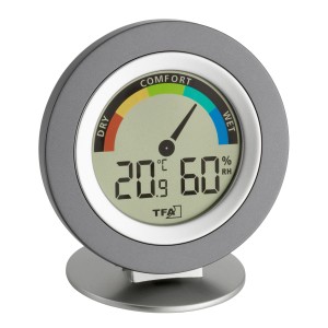 Graues TFA Funk-Thermometer Pop mit digitaler Anzeige von Temperatur und Luftfeuchtigkeit.