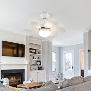 Weißer NETTLIFE Deckenventilator L75 aus Metall mit integrierter Lampe und 6 Flügeln an der Decke im Wohnzimmer.