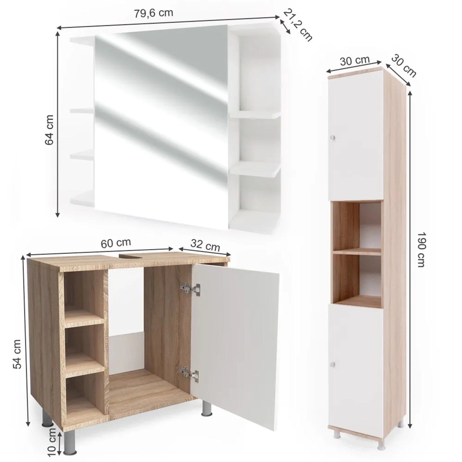 Vicco Badmöbel-Set Fynn Sonoma/Weiß, 3-teilig: Waschbeckenunterschrank, Spiegelschrank, Hochschrank.