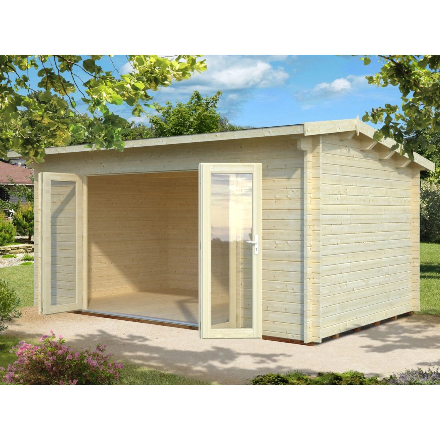 Palmako Ines Holz-Gartenhaus Natur Satteldach Tauchgrundiert 480 cm x 300 c günstig online kaufen