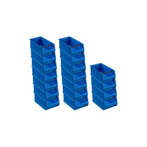 PROREGAL SuperSparSet: 18 blaue Sichtlagerboxen (7,2L) mit Griffstange, 15x20x35cm. Aufbewahrungssysteme für Werkstatt & Lager.