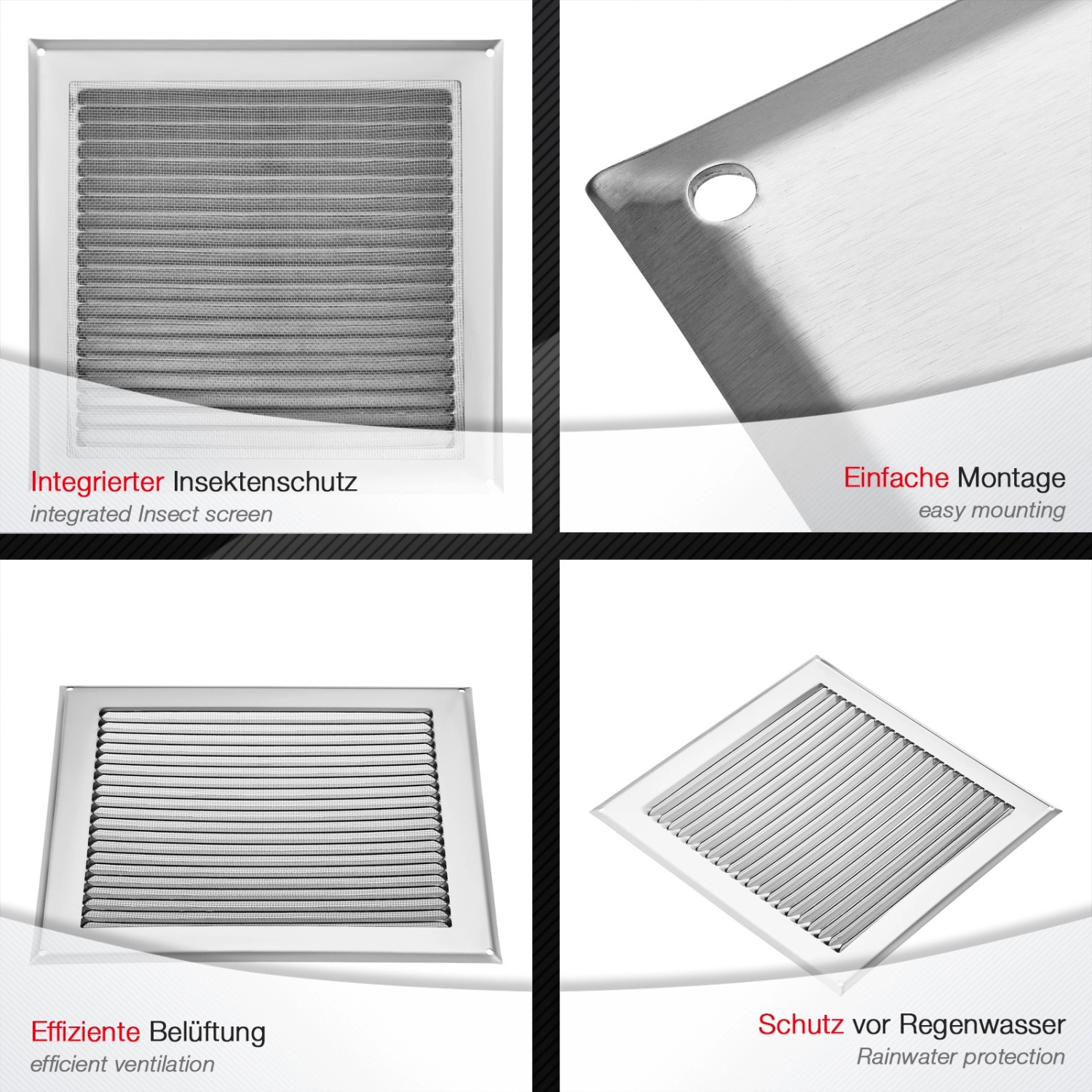 SOTECH Aluminium-Lüftungsgitter 250 x 250 mm Edelstahloptik Aufschraubbar mit Insektenschutz_4