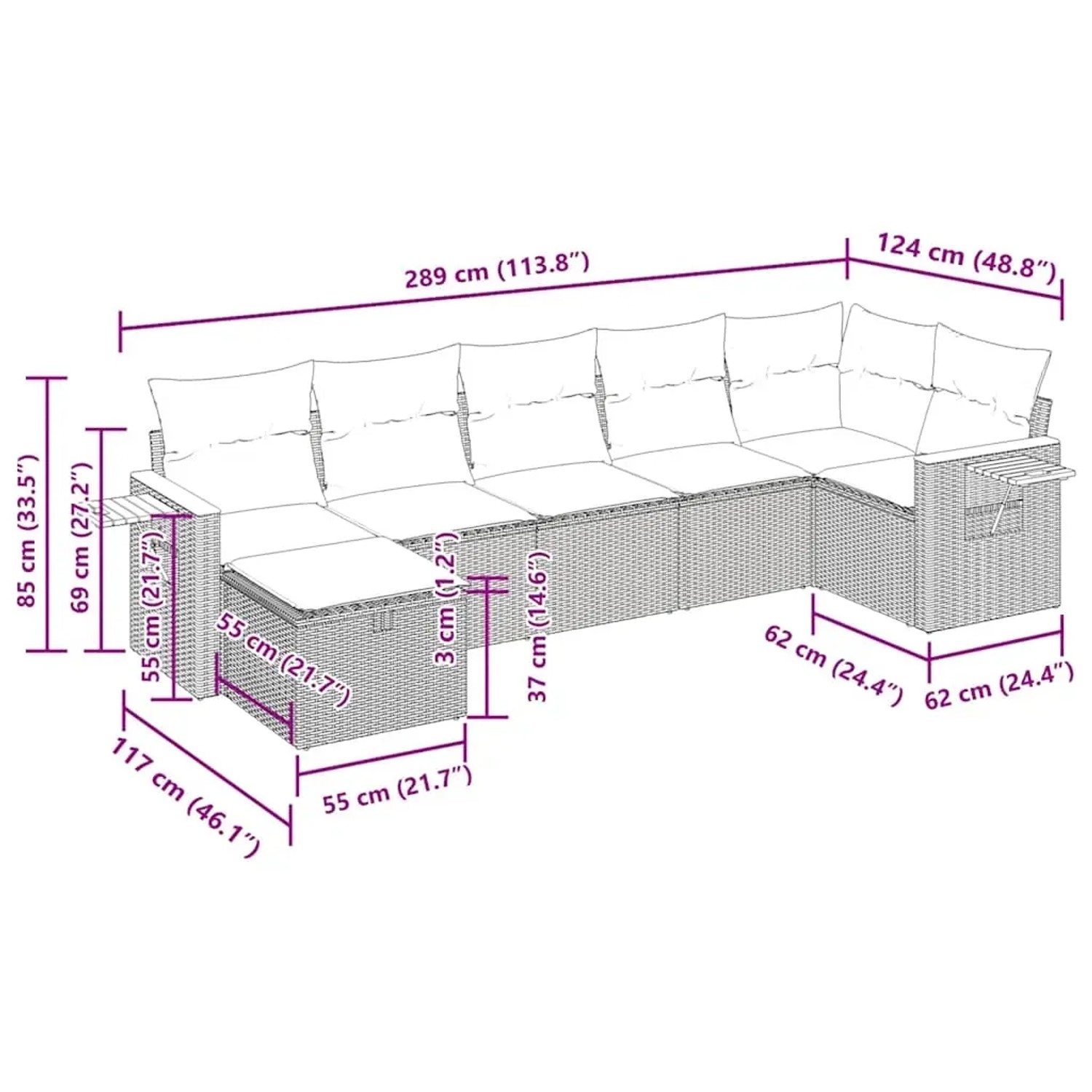 vidaXL 7-tlg. Garten-Sofagarnitur aus Poly Rattan in Schwarz mit Maßen und Kissen.