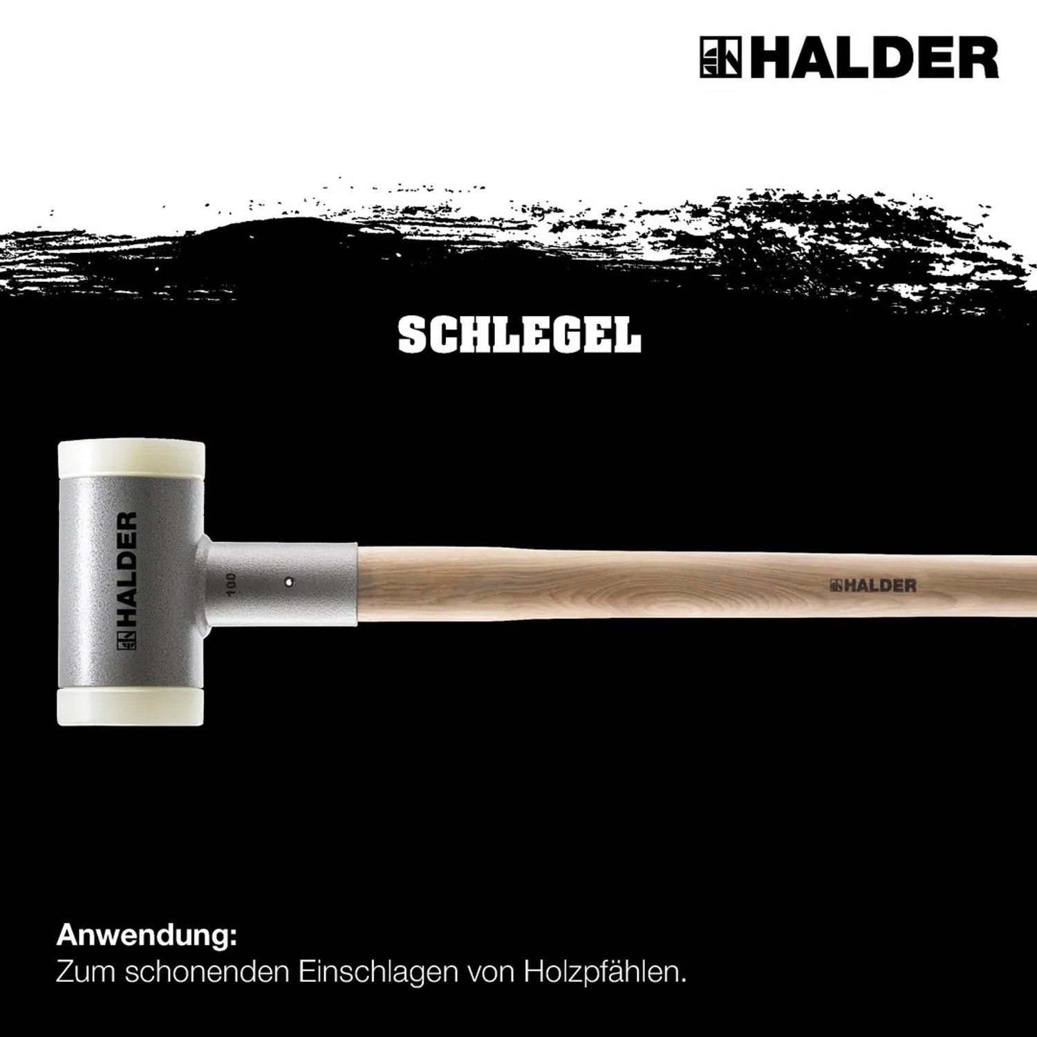 Halder Rückschlaghammer, 100 mm, mit hellem Hickory-Stiel, grauem Kopf und weißen Einsätzen für Pfähle.