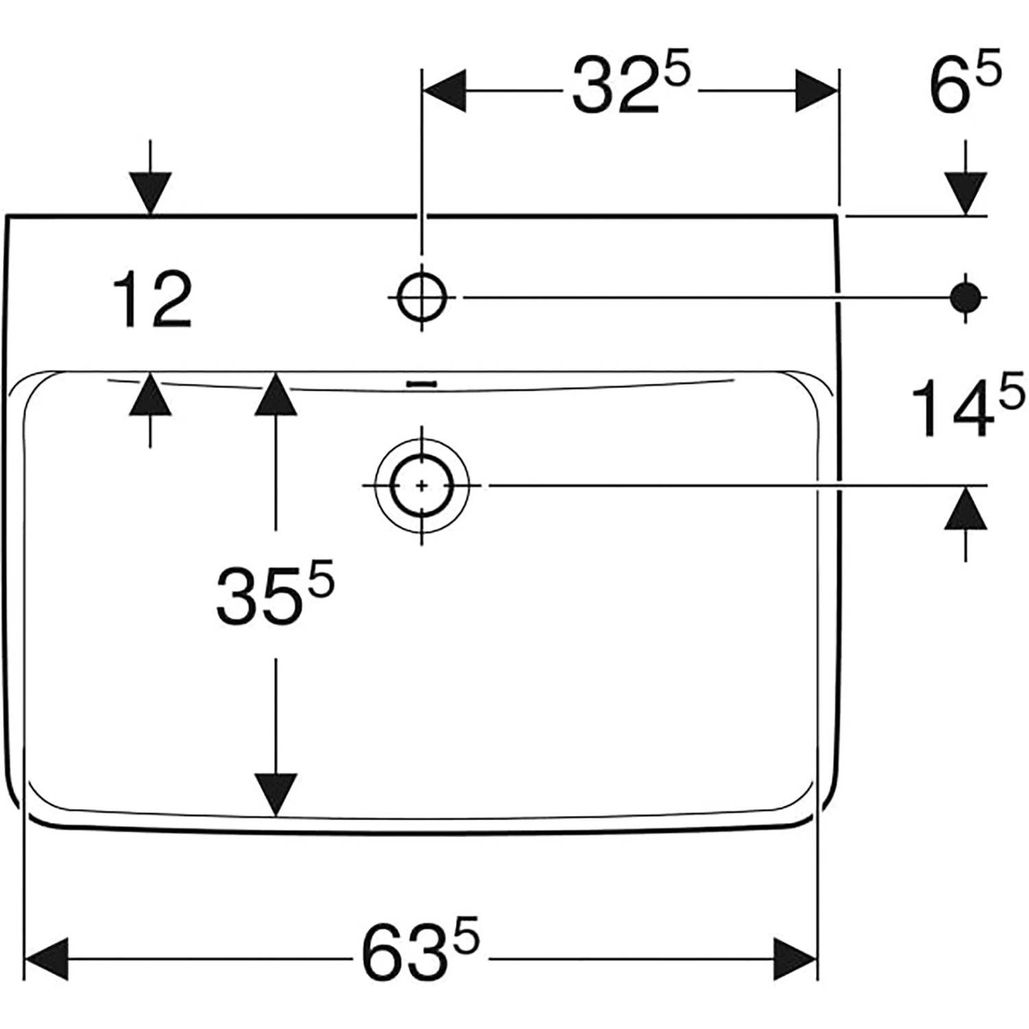 Technische Zeichnung: Geberit Renova Plan Waschbecken, 65x48 cm, weiße Keramik, Maße für Installation.