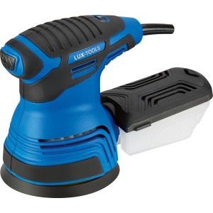 LUX Exzenterschleifer E-EXS-350 in Blau/Schwarz mit Staubfangbox.