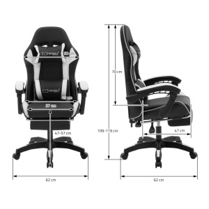 Schwarz-weißer ML-Design Gaming Stuhl aus Kunstleder mit ausziehbarer Fußstütze, Nacken- und Lordosenkissen. Ergonomisch, Maße.