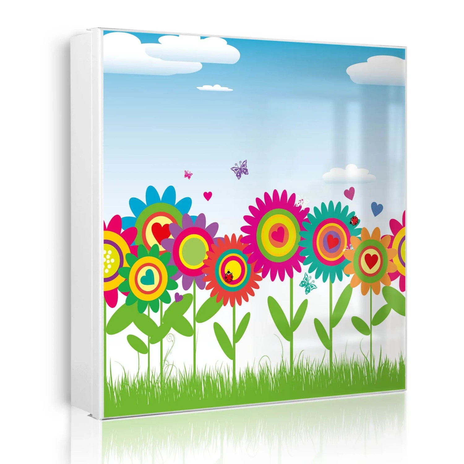 Banjado Großer Schlüsselkasten Metall 30x30cm Weiß Scharnier Links 50 Haken Beschreibbar Magnetisch Motiv Bunte Blumen