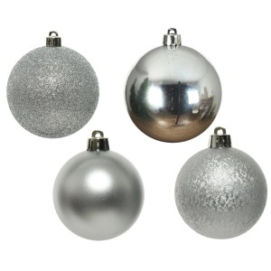 30er Set silberne Christbaumkugeln, 6cm, bruchfest, mit Glanz-, Matt- und Glitzereffekt.