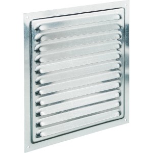 Quadratisches Abdeckgitter aus Aluminium, 196x196 mm, mit Lamellen und Fliegengitter.