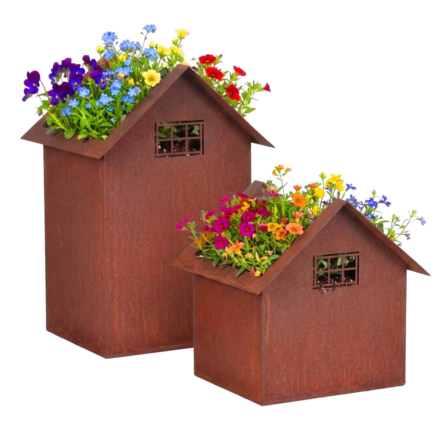 Relaxdays Dekohäuser Stahl Braun 2er Set Wetterfest 28 cm x 16 cm x 14 cm 20 cm x 16,5 cm x 15 cm