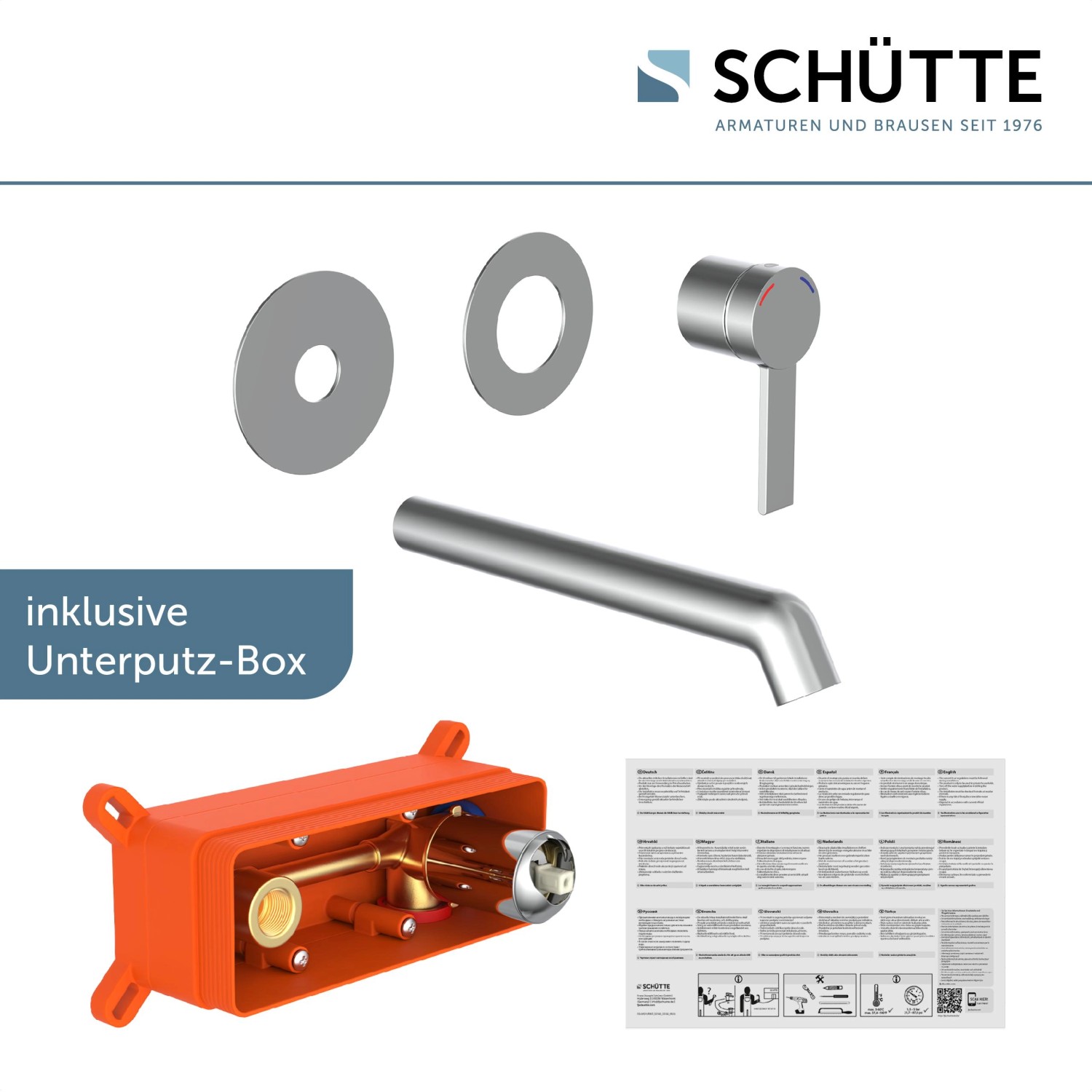 Schütte Waschtischarmatur Los Angeles für Wandmontage, Chrom, mit Unterputz-Box.